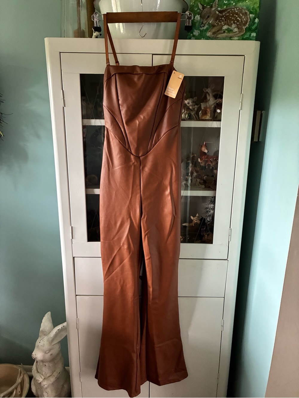 Popilush sz XS Faux Leather Brown Jumpsuit with Strappy Neckline nwt - Picture 2 of 15